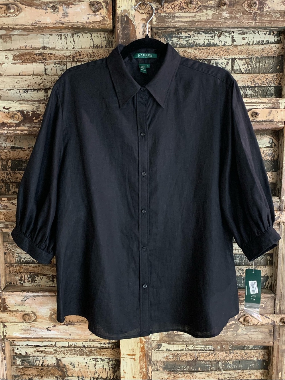 NWT Lauren Ralph Lauren Black 100% Linen Button-Up Blouse Gathered Sleeve, XL